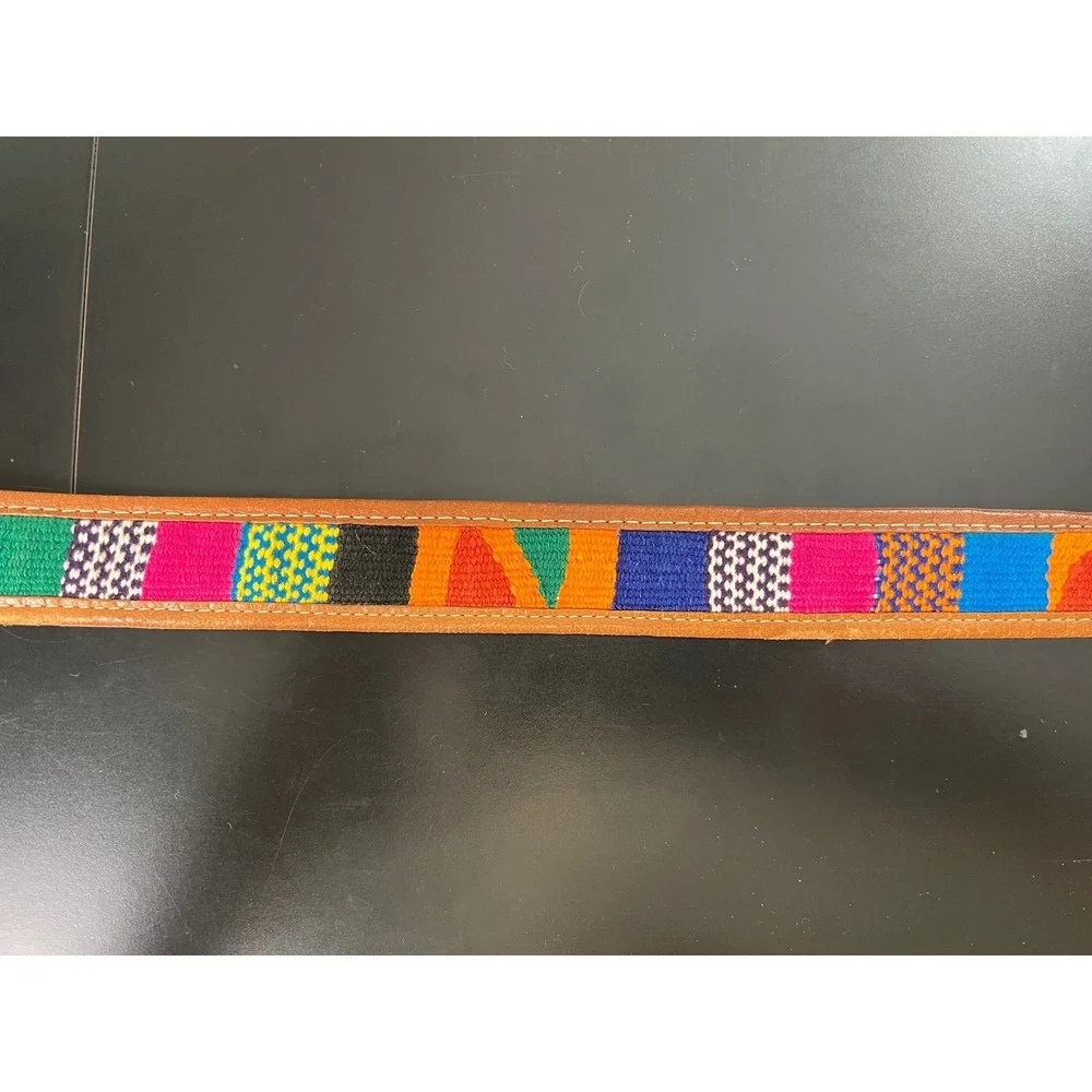 Vintage‎ Handcrafted Tan Leather Woven Textile Boho Belt Multicolor 42 Inch